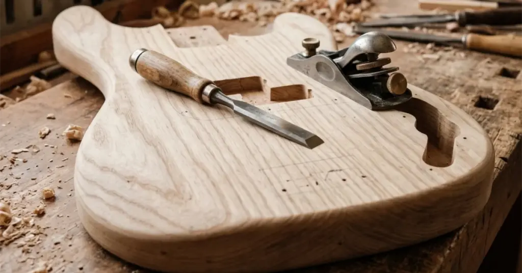 Costruire una chitarra elettrica da zero: body grezzo in legno su banco da liuteria con pialla a mano e scalpello