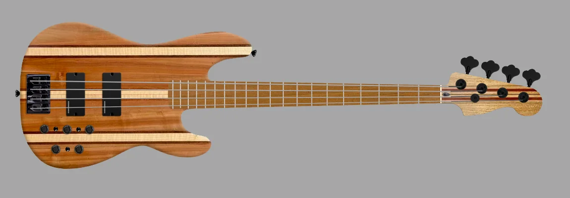 Basso elettrico artigianale a 4 corde con body multi-legno, fasce in acero fiammato e manico in rovere tostato, costruito a mano nel laboratorio Suono Grezzo