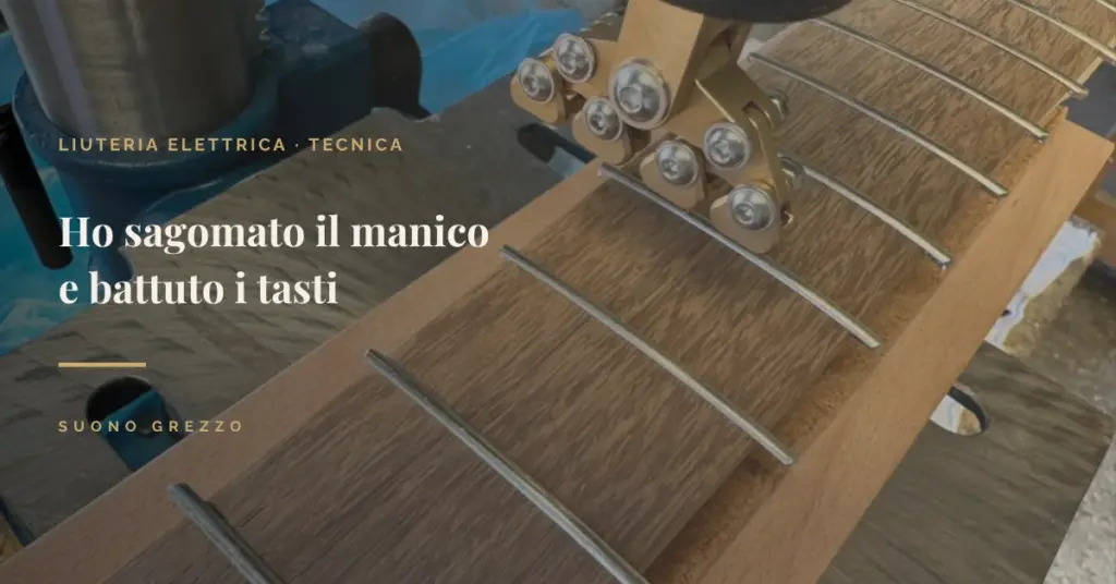 Copertina del post sulla battitura tasti del basso elettrico: tastiera del Precision Bass con la fret press e il caul radiusato in primo piano